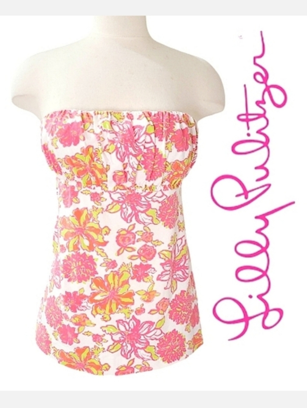 Lilly Pulitzer Strapless Olette Top Pink/Neon Green Truly Unruly Print Sz 2
